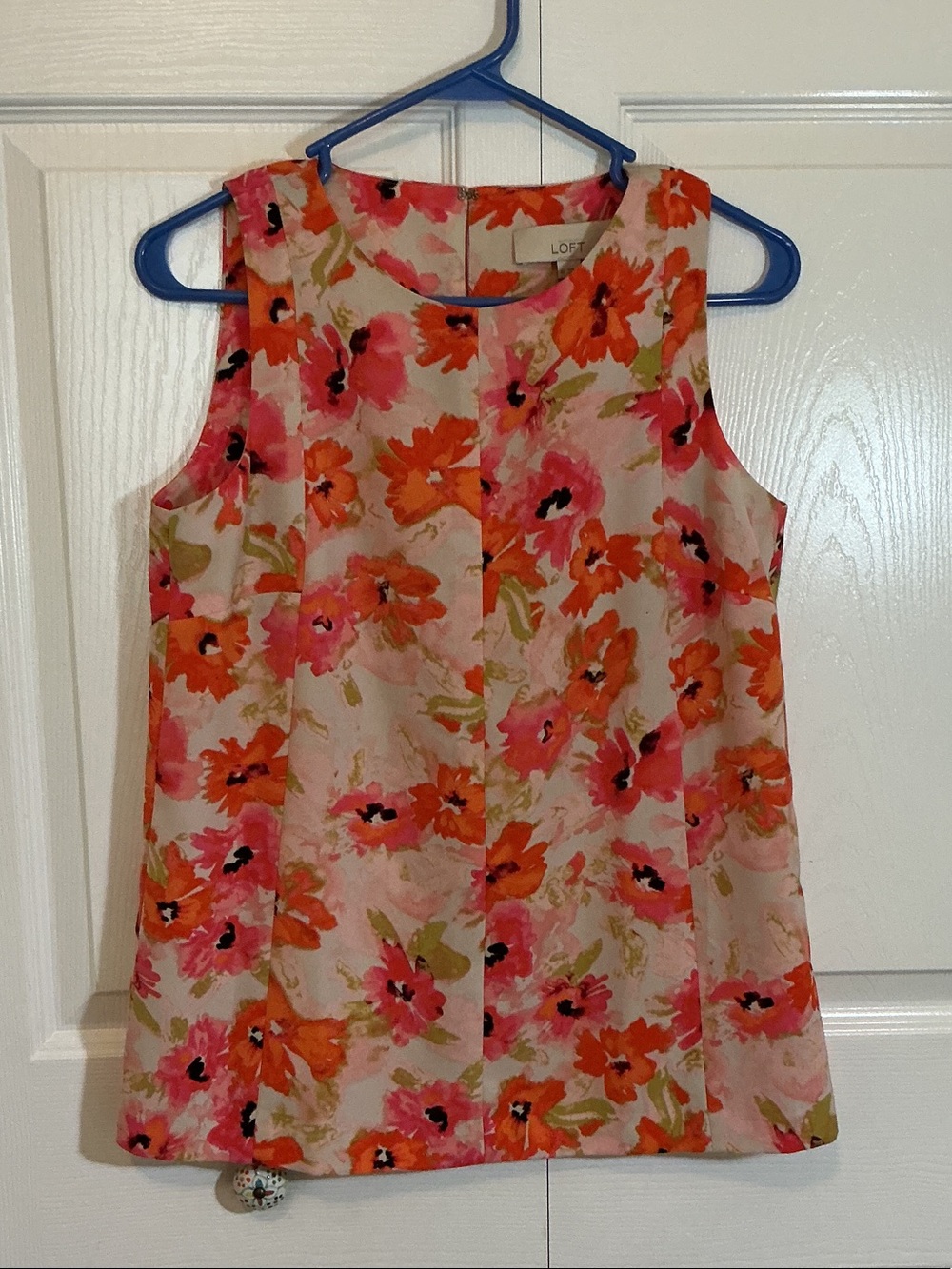 LOFT Pink and Orange Floral Sleeveless Shell with Orange Accents